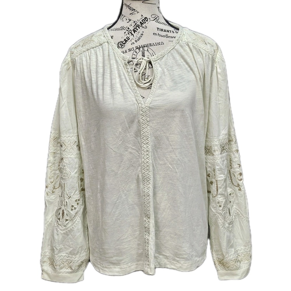 Soft Surroundings Tunic Top Womens L‎ Ivory Metallic Embroidered Balloon Sleeves